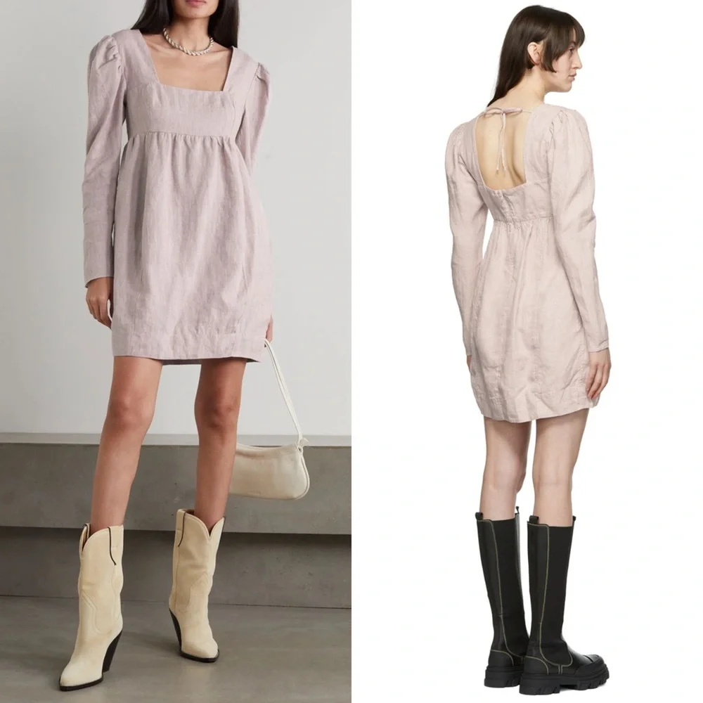 GANNI Lilac Hemp 90s Square Neck Long Sleeve Coquette Soft Girl Babydoll Dress L - Picture 5 of 14